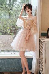 Pink Tulle Short Prom Dresses, A-Line Puffy Tulle Homecoming Dresses