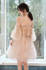 Pink Tulle Short Prom Dresses, A-Line Puffy Tulle Homecoming Dresses