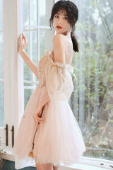 Pink Tulle Short A-Line Prom Dress, Lovely Spaghetti Straps Homecoming Party Dress
