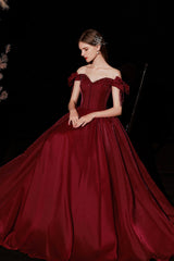 Burgundy Satin Long Prom Dresses, A-Line Off the Shoulder Formal Dresses