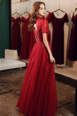 Burgundy Tulle Long A-Line Prom Dress, Burgundy Lace Evening Dress