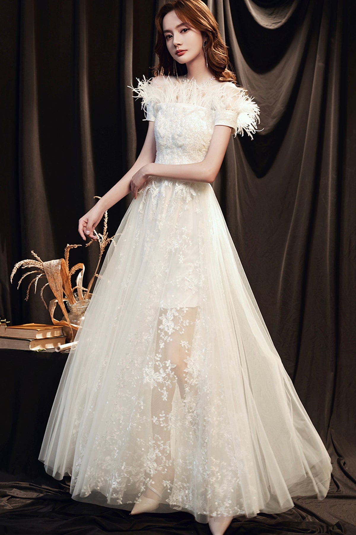 White Lace Long A-Line Prom Dress with Feather, Off the Shoulder Evening Dress