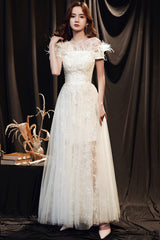 White Lace Long A-Line Prom Dress with Feather, Off the Shoulder Evening Dress