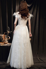 White Lace Long A-Line Prom Dress with Feather, Off the Shoulder Evening Dress
