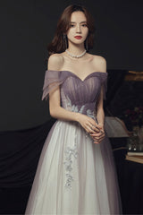 Purple Tulle Long A-Line Prom Dress, Off the Shoulder Evening Graduation Dress