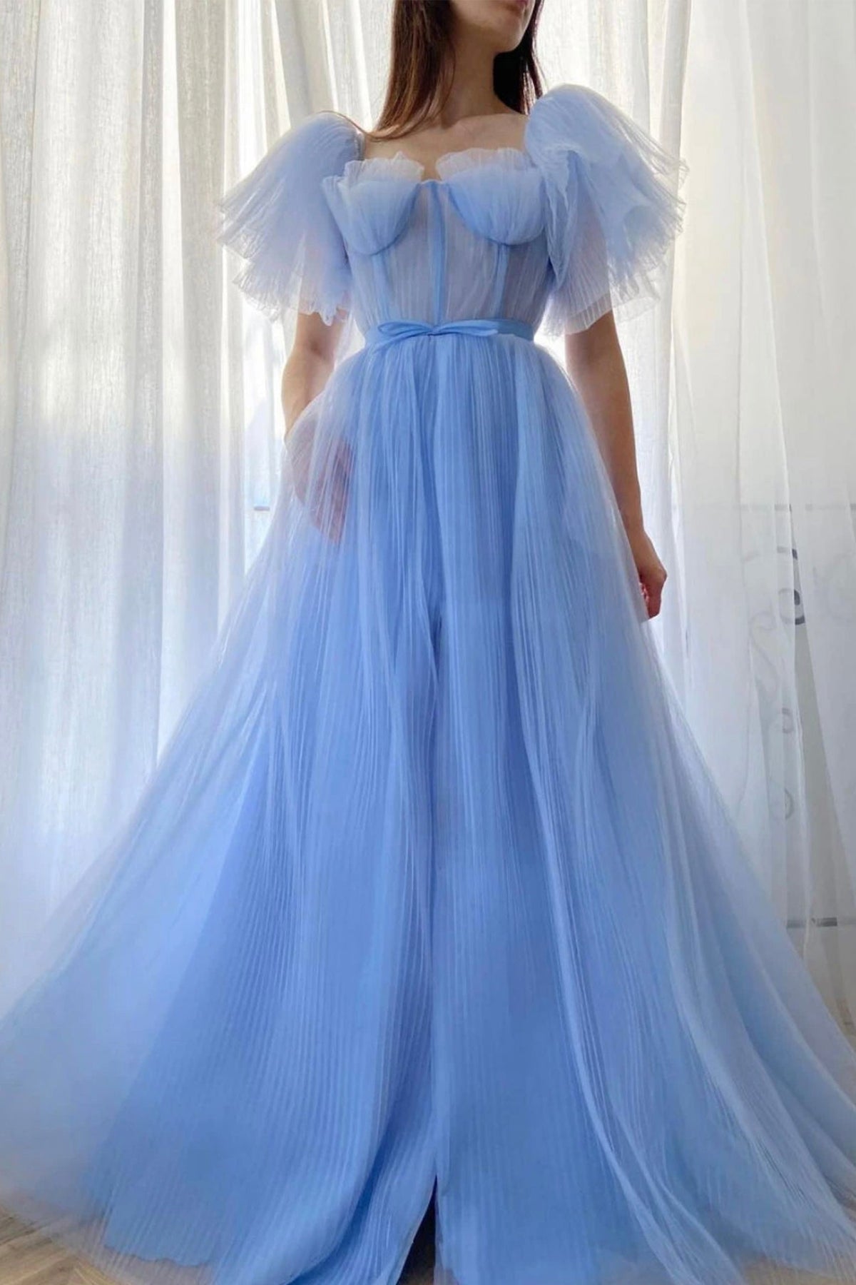 Blue Tulle Long Prom Dresses, A-Line Blue Evening Dresses
