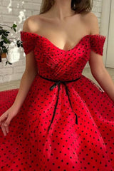 Red Tulle Short A-Line Prom Dress, Off the Shoulder Evening Dress