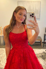 Red Tulle Long Prom Dress with Lace, A-Line Backless Evening Graduation Dress