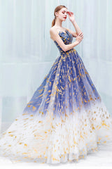 Blue Gradient Tulle Evening Dress, A-Line Strapless Long Prom Dress