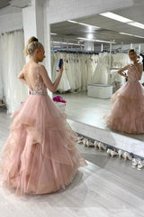 Pink Lace Long A-Line Prom Dress, Pink Scoop Neckline Evening Party Dress