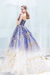 Blue Gradient Tulle Evening Dress, A-Line Strapless Long Prom Dress