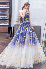 Blue Gradient Tulle Evening Dress, A-Line Strapless Long Prom Dress