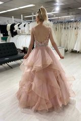 Pink Lace Long A-Line Prom Dress, Pink Scoop Neckline Evening Party Dress