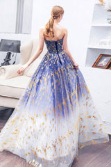 Blue Gradient Tulle Evening Dress, A-Line Strapless Long Prom Dress