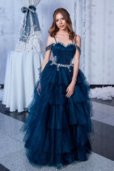 Blue Layers Tulle Long A-Line Prom Dress, Blue Evening Party Dress