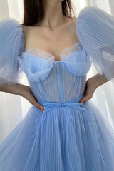 Blue Tulle Long Prom Dresses, A-Line Blue Evening Dresses
