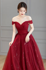 Burgundy Tulle Long Prom Dress, A-Line Off the Shoulder Evening Dress