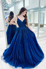 Blue V-Neck Lace Long Prom Dress, A-Line Spaghetti Formal Dress