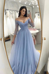 Blue Tulle Long Prom Dress, A-Line Blue Evening Party Dress