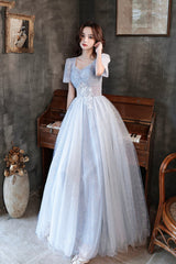 Blue Shiny Tulle Long A-Line Prom Dress, Blue Short Sleeve Evening Dress