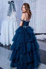 Blue Layers Tulle Long A-Line Prom Dress, Blue Evening Party Dress
