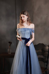 Blue Tulle Long A-Line Prom Dress, Cute Off the Shoulder Evening Graduation Dress