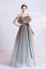 Cute Gradient Tulle Long Prom Dress, A-Line Spaghetti Straps Formal Evening Dress