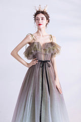 Cute Gradient Tulle Long Prom Dress, A-Line Spaghetti Straps Formal Evening Dress