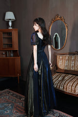 Black A-Line Tulle Long Prom Dress, Black Short Sleeve Evening Dress