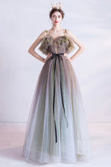 Cute Gradient Tulle Long Prom Dress, A-Line Spaghetti Straps Formal Evening Dress