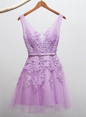 Short V-neckline Tulle with Applique Short Formal Dress, Cute Party Dress