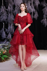 Burgundy Tulle High Low Prom Dress, Cute Short Sleeve Homecoming Party Dress