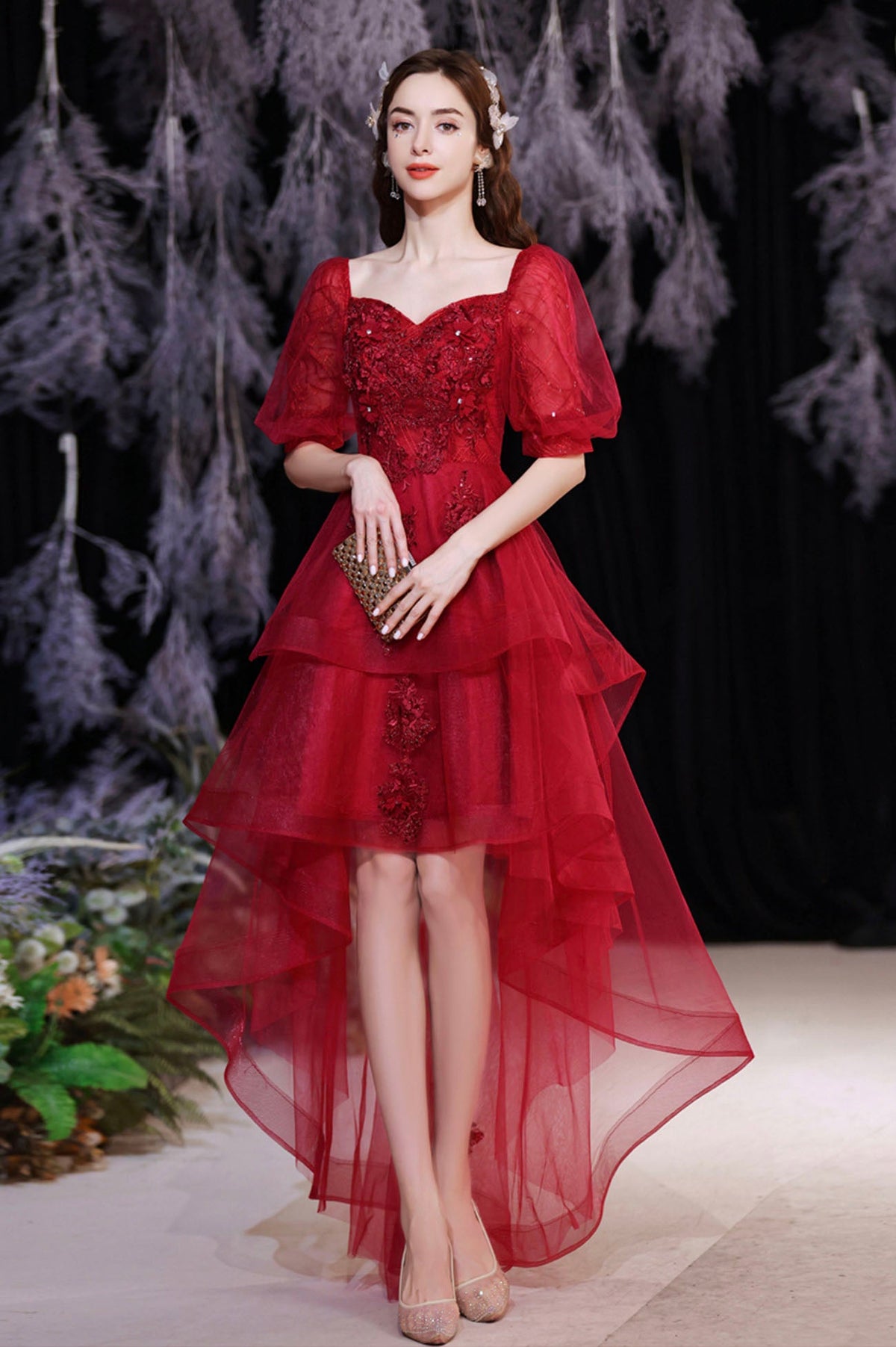 Red Lace High Low Party Dresses, A-Line Homecoming Dresses