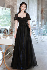 Black Tulle Long Prom Dress, Black Short Sleeve Graduation Dress