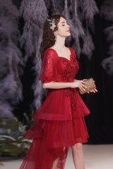 Burgundy Tulle High Low Prom Dress, Cute Short Sleeve Homecoming Party Dress