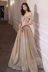 Gold Sequins Off the Shoulder Prom Dress, Shiny A-Line Evening Party Dress