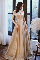 Gold Sequins Off the Shoulder Prom Dress, Shiny A-Line Evening Party Dress
