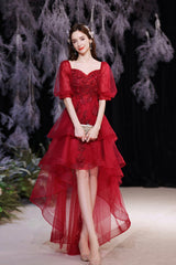 Red Lace High Low Party Dresses, A-Line Homecoming Dresses