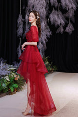 Red Lace High Low Party Dresses, A-Line Homecoming Dresses