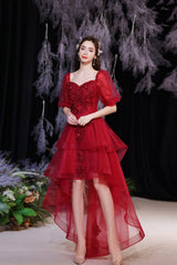 Red Lace High Low Party Dresses, A-Line Homecoming Dresses