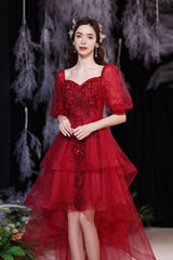 Burgundy Tulle High Low Prom Dress, Cute Short Sleeve Homecoming Party Dress