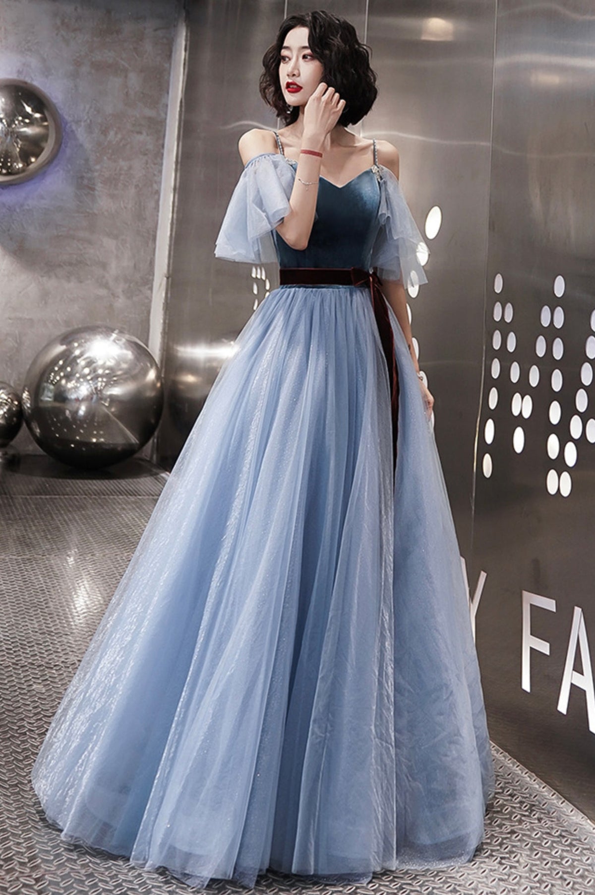 Blue Velvet Tulle Long Prom Dresses, A-Line Evening Dresses