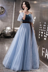 Blue Velvet Tulle Long Prom Dresses, A-Line Evening Dresses