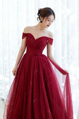 Burgundy Tulle Long Prom Dress, A-Line Off the Shoulder Evening Dress