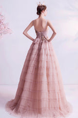 Pink Tulle Long A-Line Prom Dress, Pink Scoop Neckline Formal Evening Dress