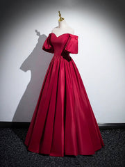 Burgundy Satin Long Prom Dress, Off the Shoulder A-Line Formal Evening Dress