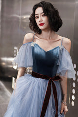 Blue Velvet Tulle Long Prom Dresses, A-Line Evening Dresses