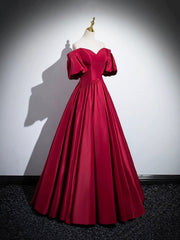 Burgundy Satin Long Prom Dress, Off the Shoulder A-Line Formal Evening Dress