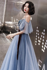 Blue Velvet Tulle Long Prom Dresses, A-Line Evening Dresses