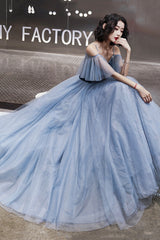 Blue Velvet Tulle Long Prom Dresses, A-Line Evening Dresses